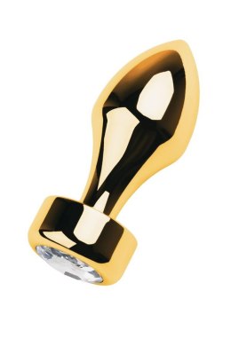 Gold anal plug TOYFA Metal with white round-shaped gem , length 7 cm, diameter 2-3,5 cm, weight 140 gr